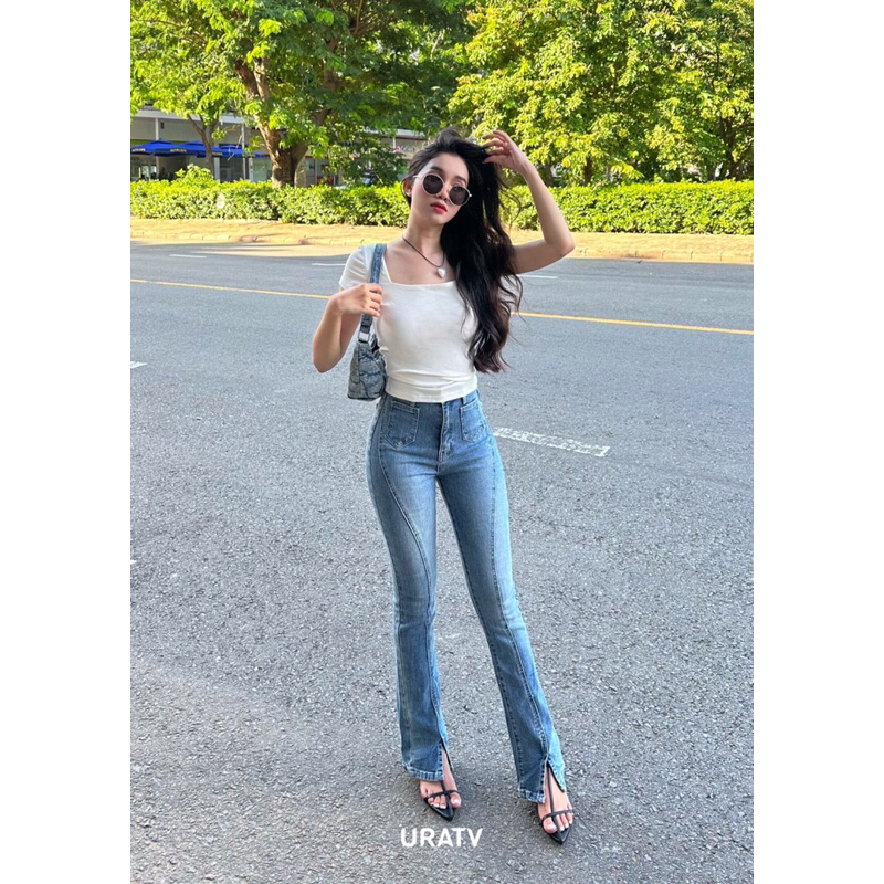 Quần jeans loe dài xẻ trước đắp ống siêu hack dáng G290