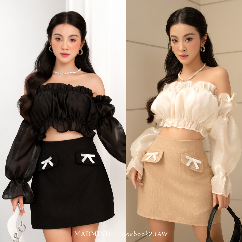 - Combo SORA - Áo + Váy - Set Sang Trọng Áo Kiểu Trễ Vai Tay Phồng Vải Tơ Organza Cao Cấp + Váy Đính Nơ