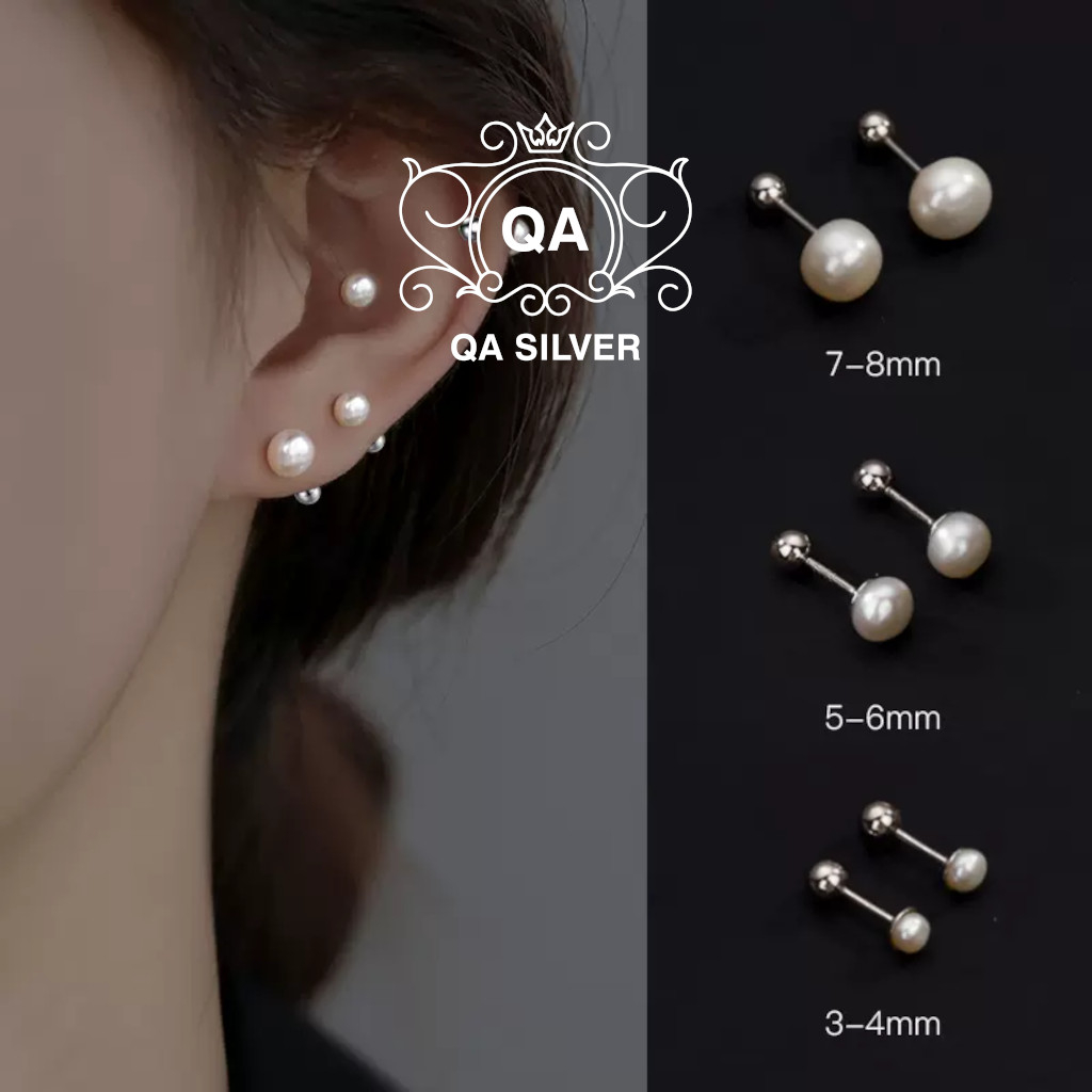 Khuyên tai bạc 925 nữ tròn bông ngọc trai nhân tạo chốt bi vặn S925 PEARL QA SILVER Earrings EA230905