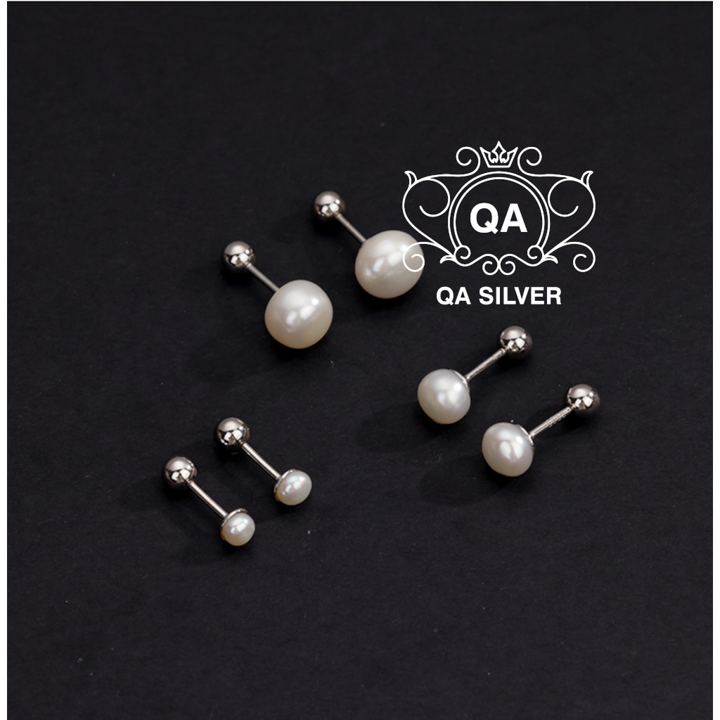 Khuyên tai bạc 925 nữ tròn bông ngọc trai nhân tạo chốt bi vặn S925 PEARL QA SILVER Earrings EA230905