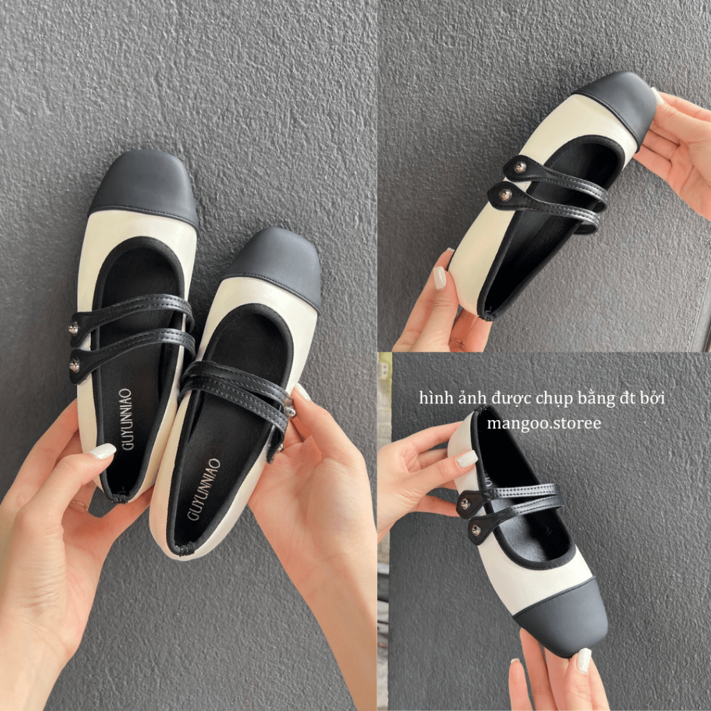 Giày búp bê bệt hai dây ngang phối màu phong cách tiểu thư đơn giản