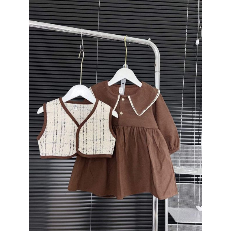 Set váy thu đông cho bé.set váy nhung +áo gile cho bé gái 9 đến 28kg.hình thật trải sàn ak