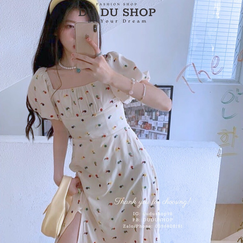 ( Hỏa tốc) Váy Maxi Nữ Dáng Dài Xẻ Đùi Tôn Dáng, Đầm Hoa Nhí Cổ Vuông Dành Cho Nữ Xinh Xắn Có Ảnh Thật-vaymaxi-dd59
