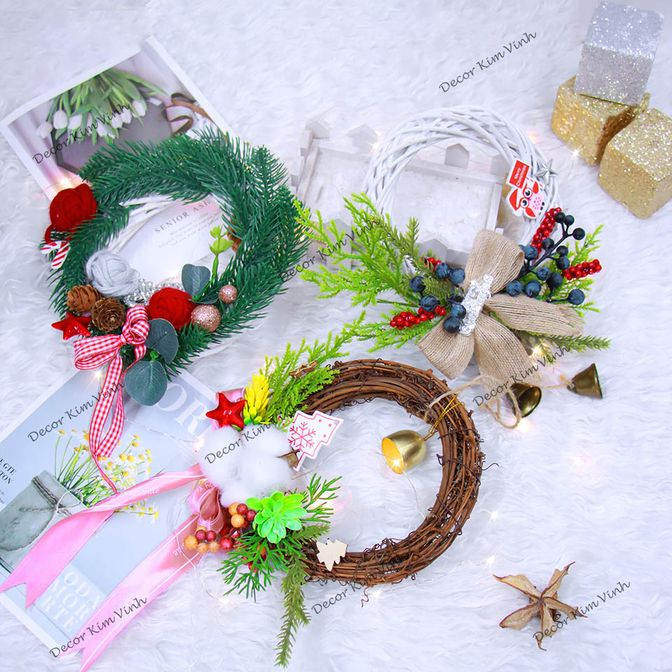 Vòng Hoa Noel Nhí VN 15cm, 20cm Dễ Thương Vòng Nguyệt Quế Giáng Sinh Có Đèn