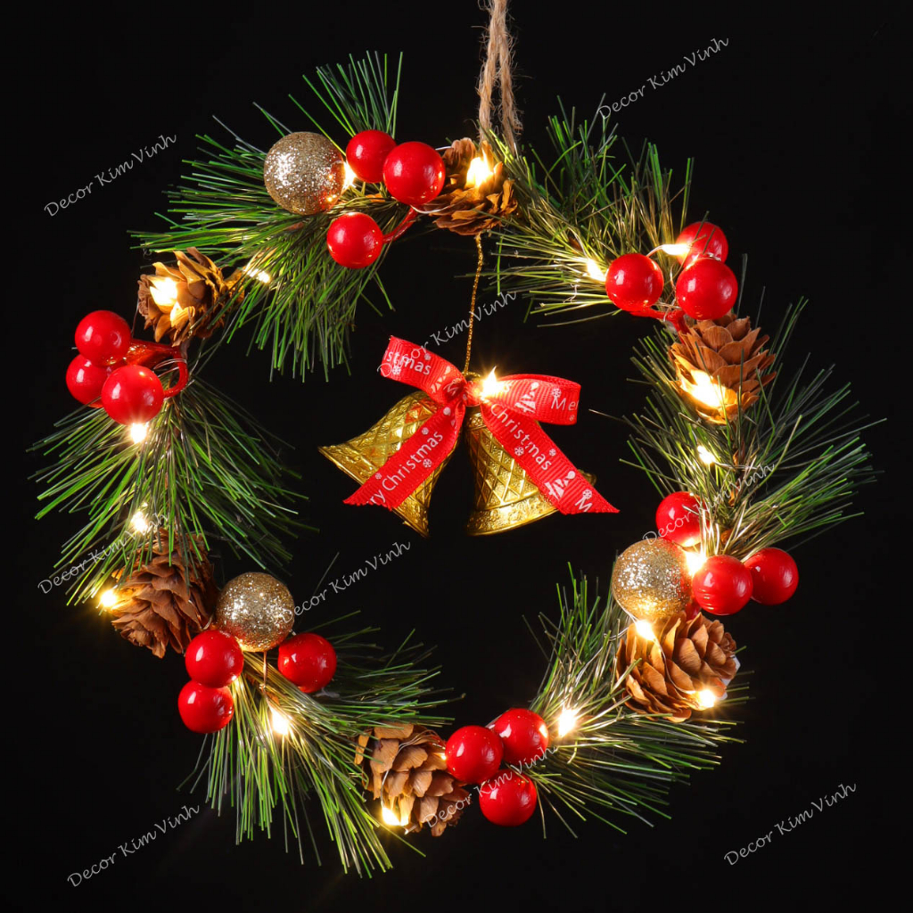 Vòng hoa Noel TC02 20cm Vòng Hoa Trang Trí Noel Vòng Nguyệt Quế Giáng Sinh Có Đèn
