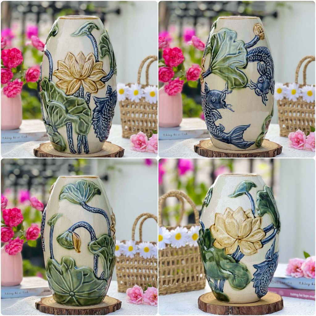 Bình hoa gốm men cổ Bát Tràng dáng tròn khắc nổi họa tiết niên niêm hữu dư cá chép hoa sen dùng cắm hoa bày ban gia tiên