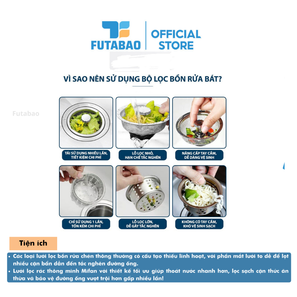 Lưới Lọc Rác Bồn Rửa Chén Thông Minh - Thép Không Gỉ, Nhựa ABS Cao Cấp - Lưới Nhỏ Ngăn Cặn Thức Ăn Thừa Futabao