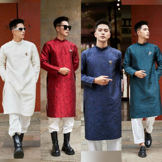Áo dài cách tân nam LIIN, áo dài truyền thống nam chất gấm vân kèm cài áo cao cấp, sang trọng