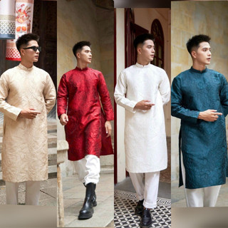 Áo dài nam cách tân 4 màu be, trắng, đỏ, xanh chất liệu gấm vân hoa cao cấp
