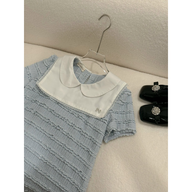 Áo thun sóng xanh pastel trendy tặng kèm nơ đá by La Moneta