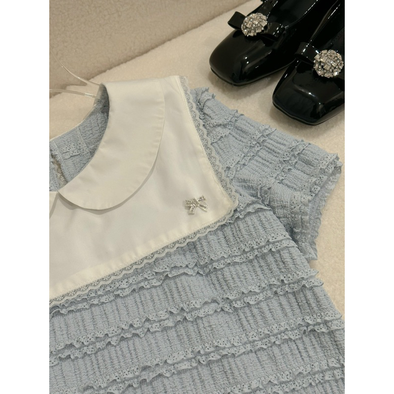 Áo thun sóng xanh pastel trendy tặng kèm nơ đá by La Moneta