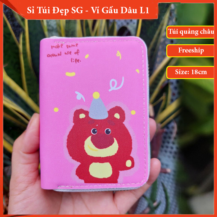 Ví Ngắn Mini Gấu Dâu Nữ Cầm Tay Có Khóa Kéo Họa Tiết Hoạt Hình Hello Kitty Dễ Thương TX1081