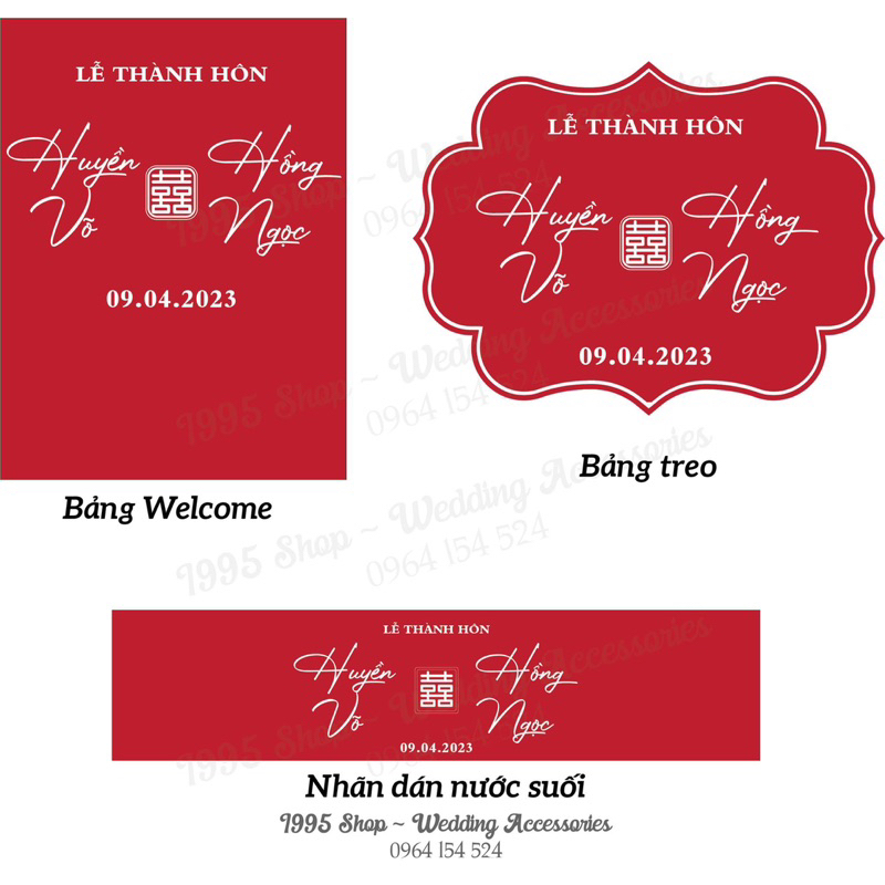 Combo bảng tên trang trí cưới ( Chữ Hỷ + Bảng Welcome + Bảng Treo + tặng 24 nhãn)