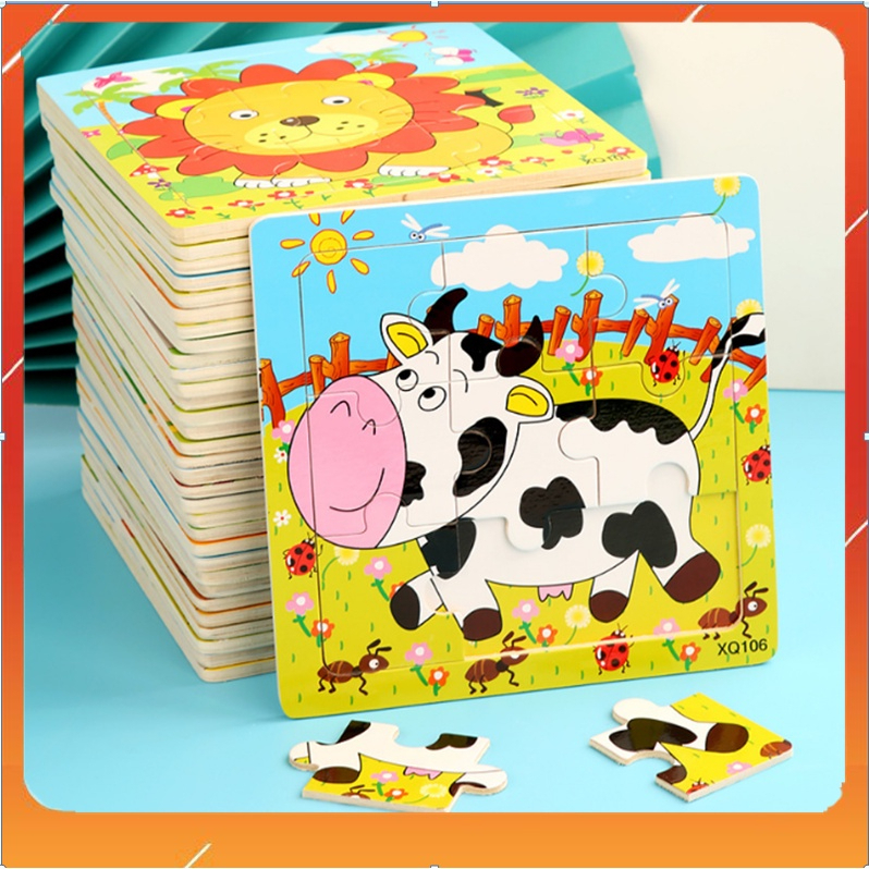 Tranh Ghép Hình 9 Miếng Loại Lớn 15x15cm In Hình Ngộ Nghĩnh Bằng Gỗ Cho Bé, Đồ Chơi Xếp Hình 9 Miếng