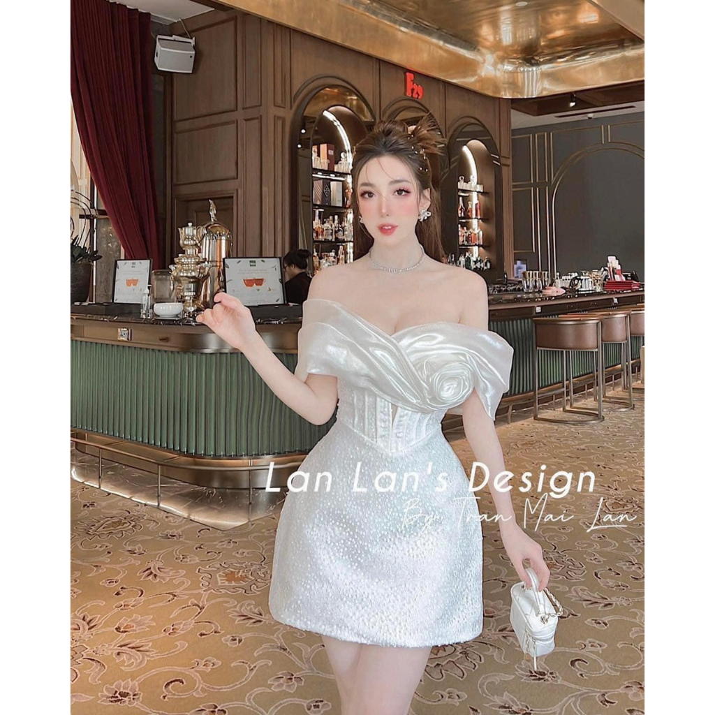 Đầm trắng kim tuyến trễ vai xoắn bông-ảnh thật