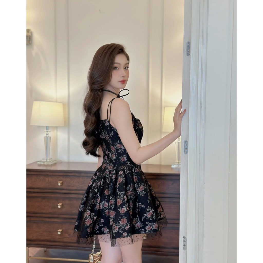 Đầm hoa 2 dây corset viền ren phủ lưới ren bi