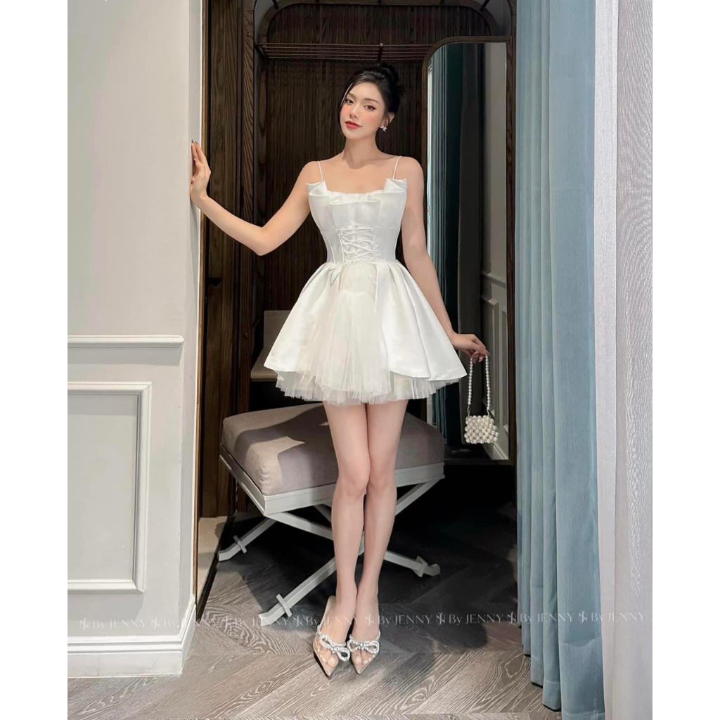Đầm công chúa trắng phi 2 da 2 dây rớt vai mgọc trai đan eo