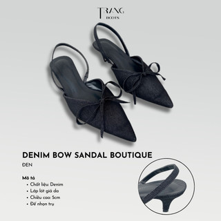 Giày cao gót slingback mũi nhọn sandal cao gót denim công sở đính nơ màu đen nữ