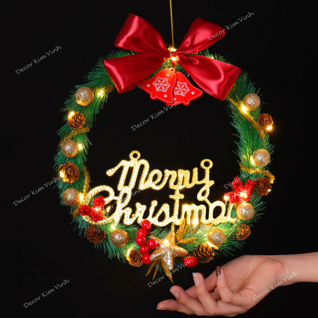 Vòng hoa Noel TC03 25cm Vòng Hoa Trang Trí Noel Vòng Nguyệt Quế Giáng Sinh Có Đèn