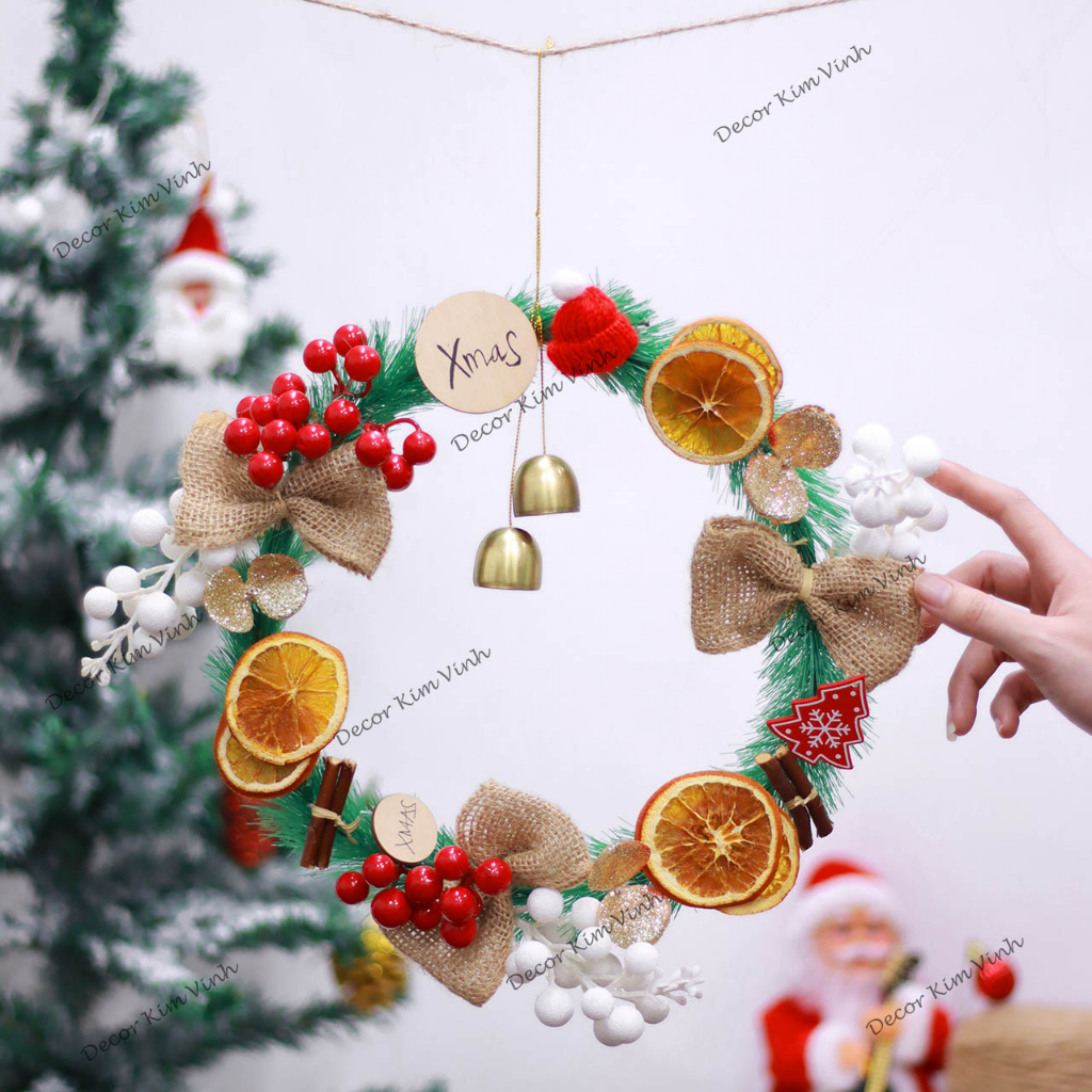 Vòng hoa Noel TC04 25cm Vòng Hoa Trang Trí Noel Vòng Nguyệt Quế Giáng Sinh Có Đèn