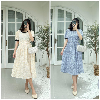 Váy suông dài, đầm suông bầu chất chiffon hoa nhí