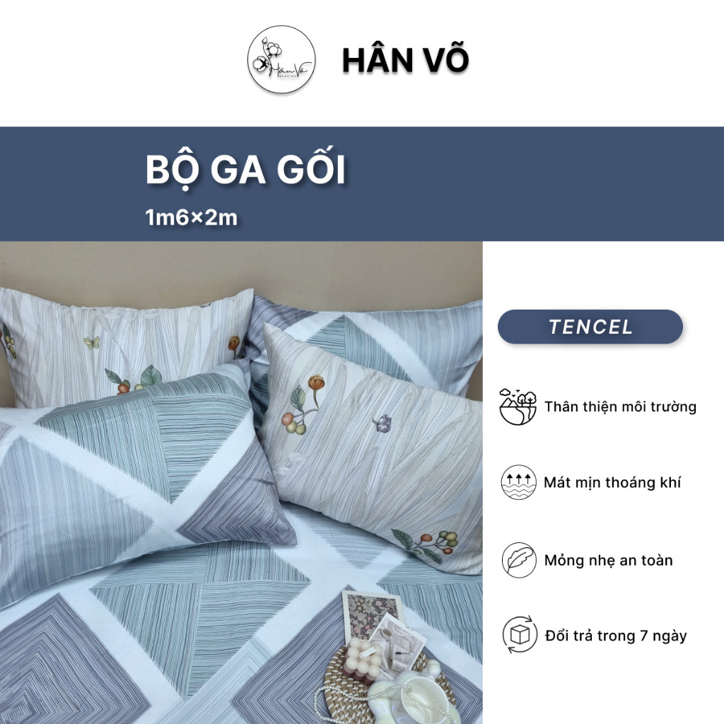 Ga 1m6x2m, Bộ ga gối 1m6 LỤA TENCEL nhiều họa tiết Hân Võ cao cấp, chất liệu siêu mát mịn, set drap gối