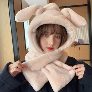 Mũ Trùm Đầu Kiêm Khăn Choàng Cổ Tai Thỏ Dễ Thương Chống Gió Thời Trang Mùa Đông