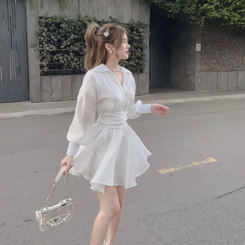 ĐẦM CỔ SƠ MI V TAY PHỒNG BO EO XẾP LY Áo Sơ Mi Nữ Tay Dài