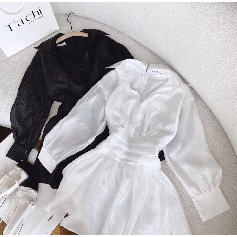 ĐẦM CỔ SƠ MI V TAY PHỒNG BO EO XẾP LY Áo Sơ Mi Nữ Tay Dài