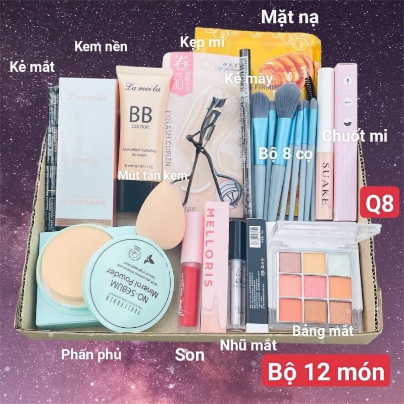 LAMEILA Bộ Trang Điểm 22 Sản Phẩm Gồm Phấn Phủ,Xịt Khóa Nền,Kem Nền,Kem Chống Nắng,Kẻ Mắt,Kẻ Mày,Kẹp Mi