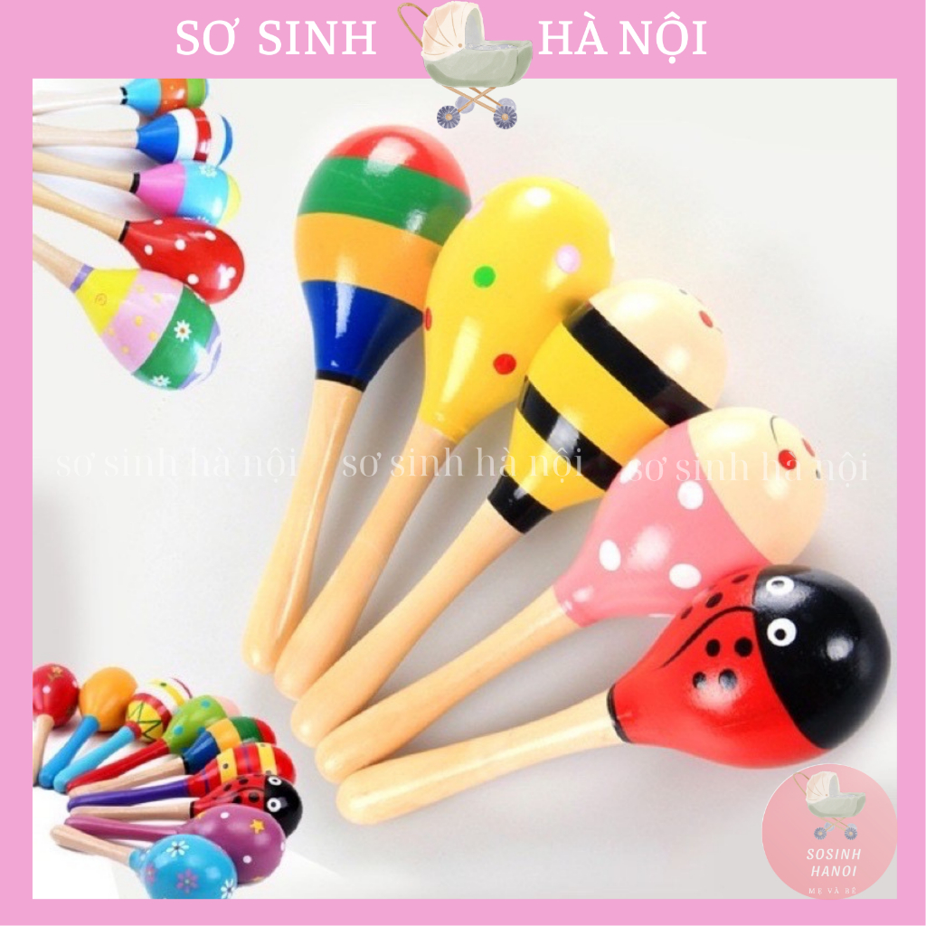 Đồ chơi lục lạc gỗ đầu tròn tập cầm nắm cho bé - có âm thanh