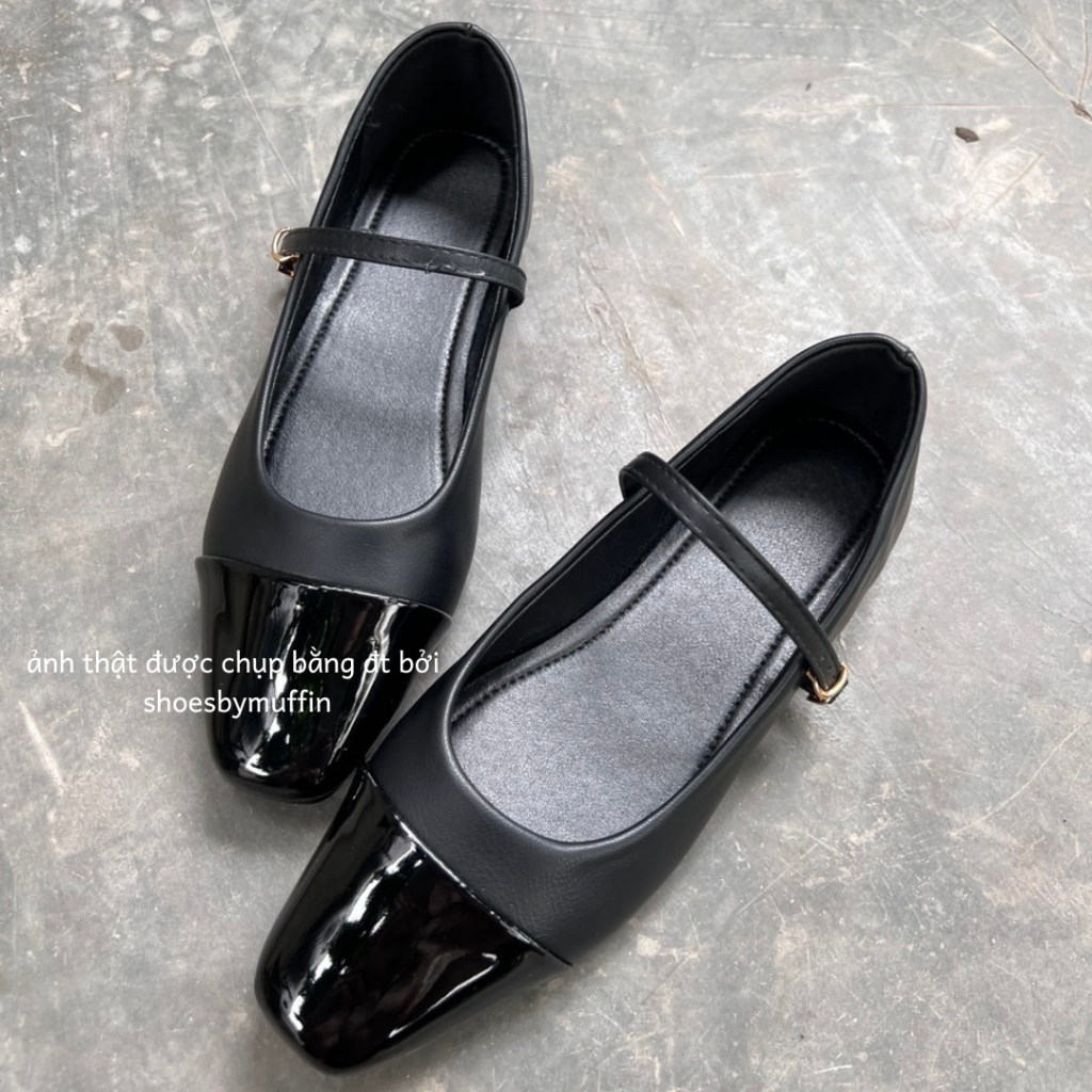 Giày búp bê bệt mũi vuông da mềm phong cách đơn giản