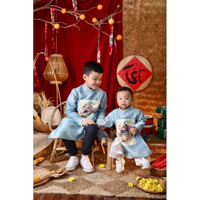 Sét áo dài gia đình bé đẹp màu xanh nhẹ nhàng hàng thiết kế cao cấp giá rẻ