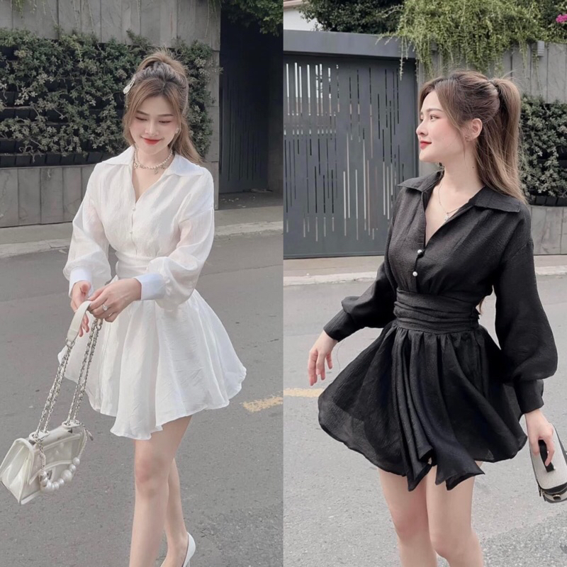 ĐẦM CỔ SƠ MI V TAY PHỒNG BO EO XẾP LY Áo Sơ Mi Nữ Tay Dài