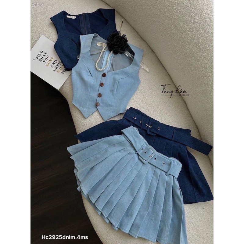 Hc15- sét denim : áo và chân váy xếp ly kèm nịt