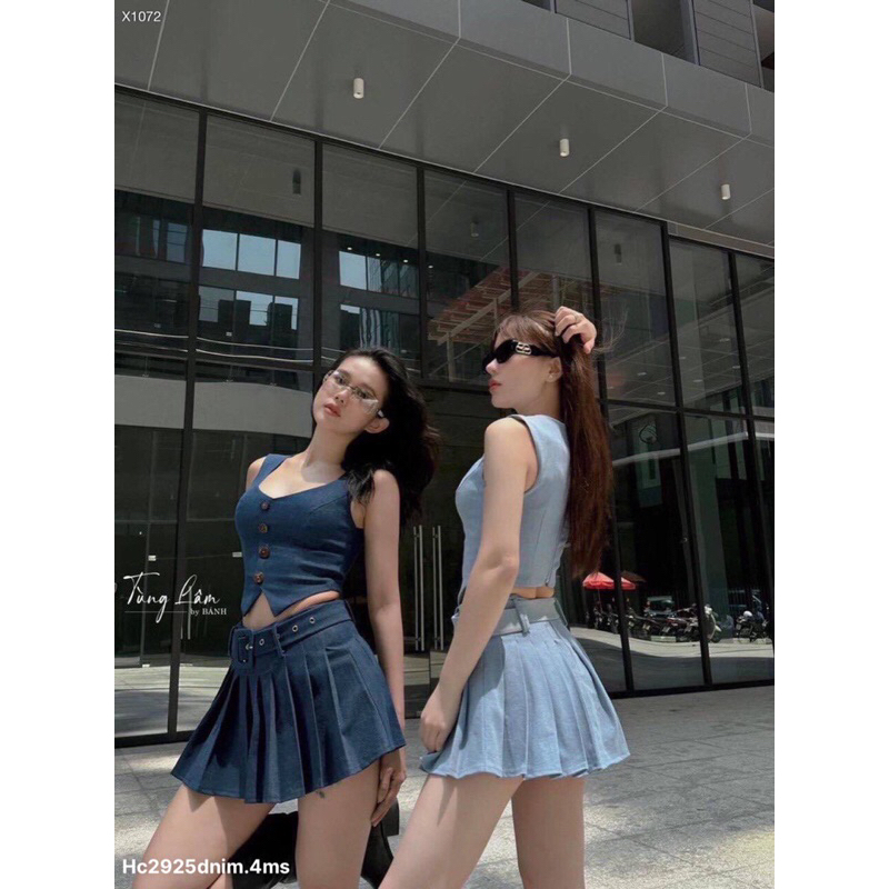 Hc15- sét denim : áo và chân váy xếp ly kèm nịt