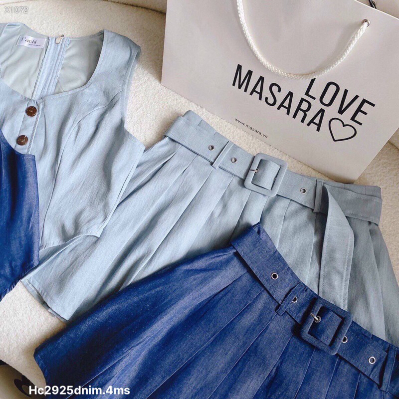 Hc15- sét denim : áo và chân váy xếp ly kèm nịt