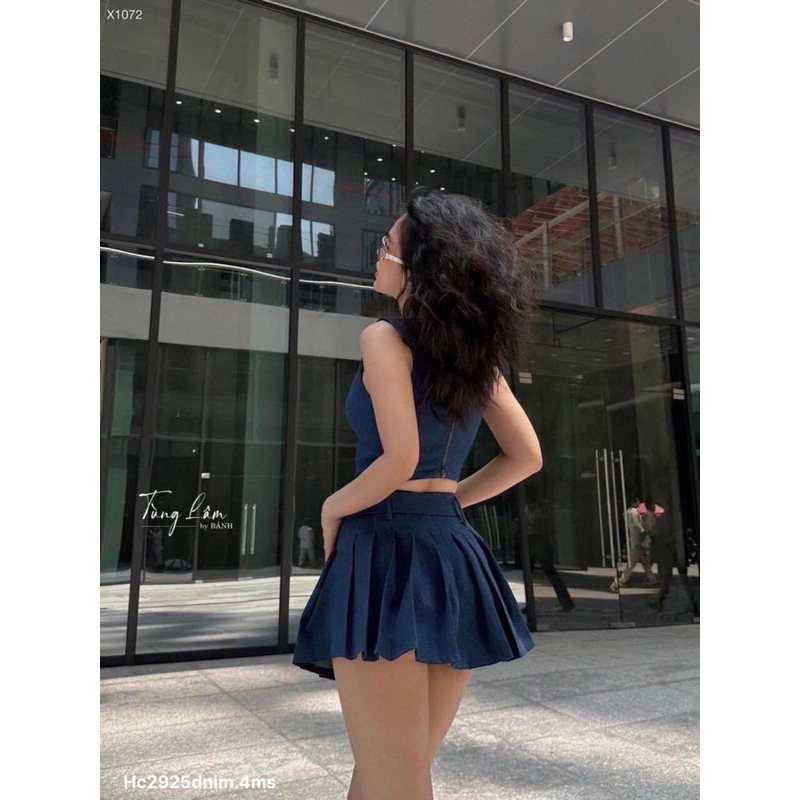 Hc15- sét denim : áo và chân váy xếp ly kèm nịt