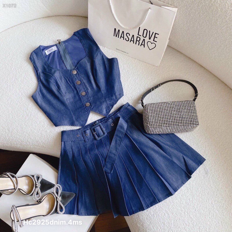 Hc15- sét denim : áo và chân váy xếp ly kèm nịt