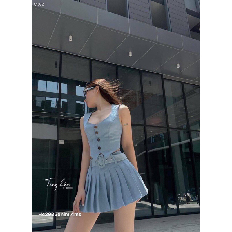 Hc15- sét denim : áo và chân váy xếp ly kèm nịt