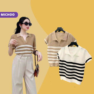 Áo Cộc Tay Len Lưới MICHOO Có Cổ Dáng Polo Hoạ Tiết Kẻ Ngang 2 Màu sắc