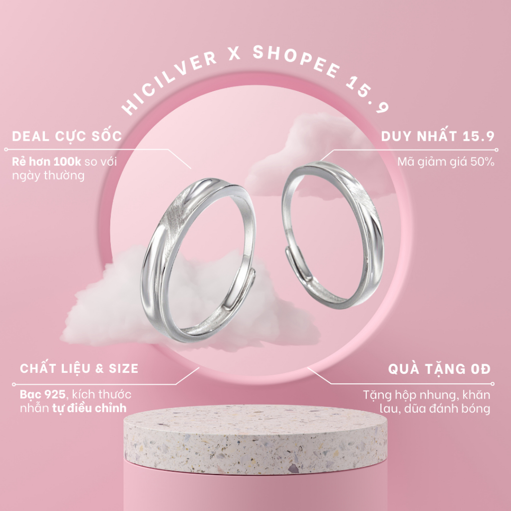 Nhẫn đôi nam nữ Hicilver bạc 925, nhẫn bạc dành cho cặp đôi phong cách đơn giản, tự điều chỉnh size NĐ06
