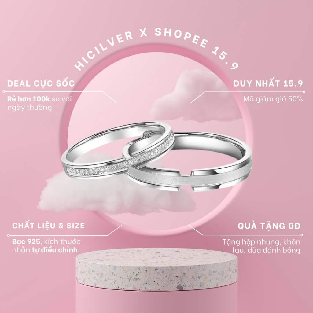 Nhẫn đôi bạc nam nữ Hicilver bạc 925 không gỉ, nhẫn đôi sterling Jianjia, điều chỉnh được size NĐ011