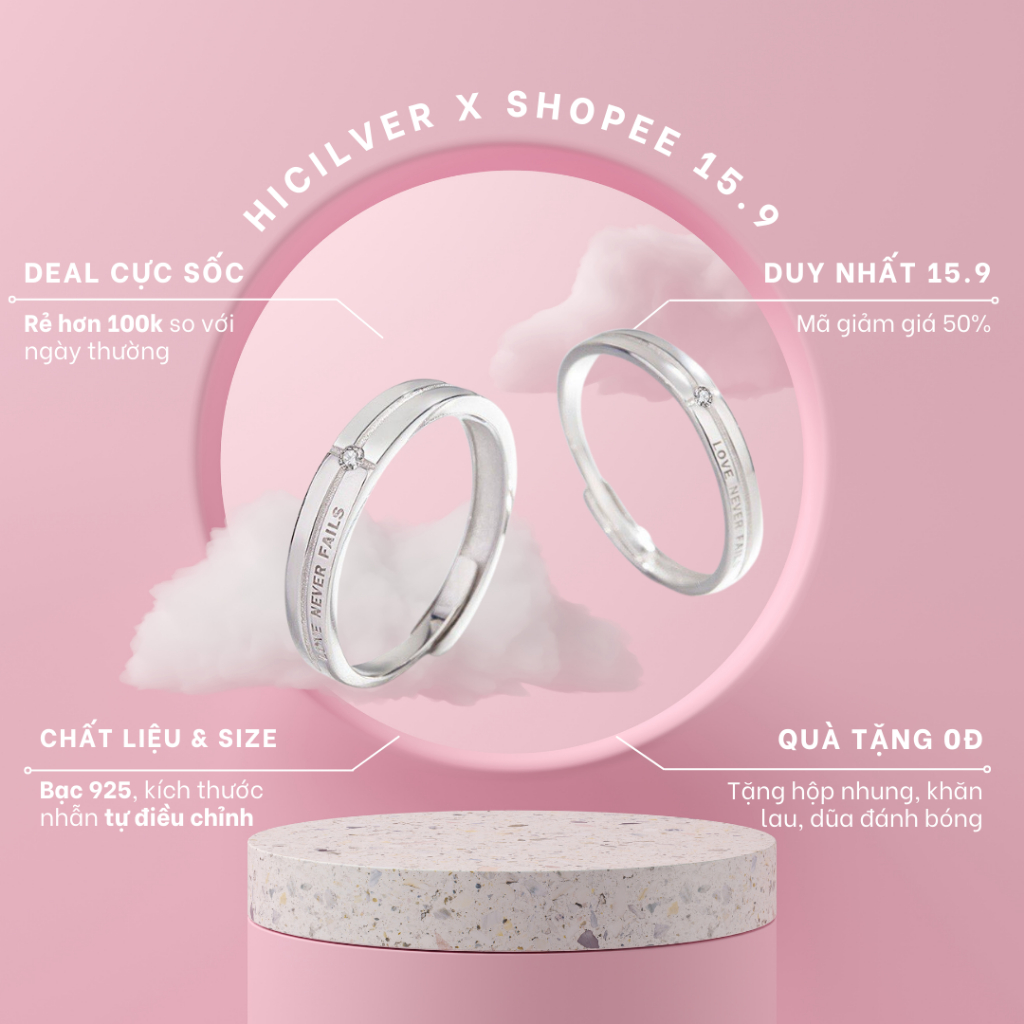 Nhẫn đôi bạc Hicilver bạc 925, nhẫn đôi Love never fail dành cho cặp đôi, không gỉ, size tự điều chỉnh NĐ11