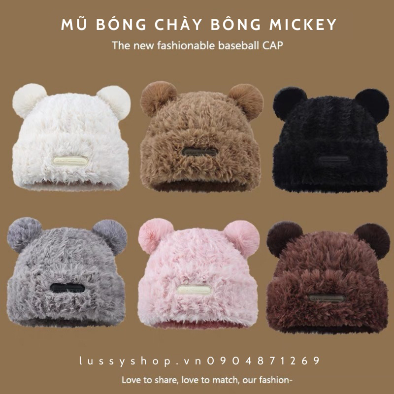 Mũ Bucket Bóng Chày Mickey Bông Nón Tai Bèo Lông Thỏ Mềm Mịn Ấm Áp Dễ Thương Siêu Hot