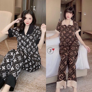 Bộ pijama cộc tay LV nữ cổ sen tay ngắn quần dài có túi chất liệu lụa mango và kate thái