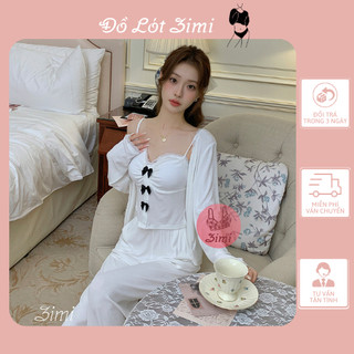 Bộ ngủ 3 món đính nơ, Sét váy ngủ 3 chi tiết đính nơ có đệm mút ngực