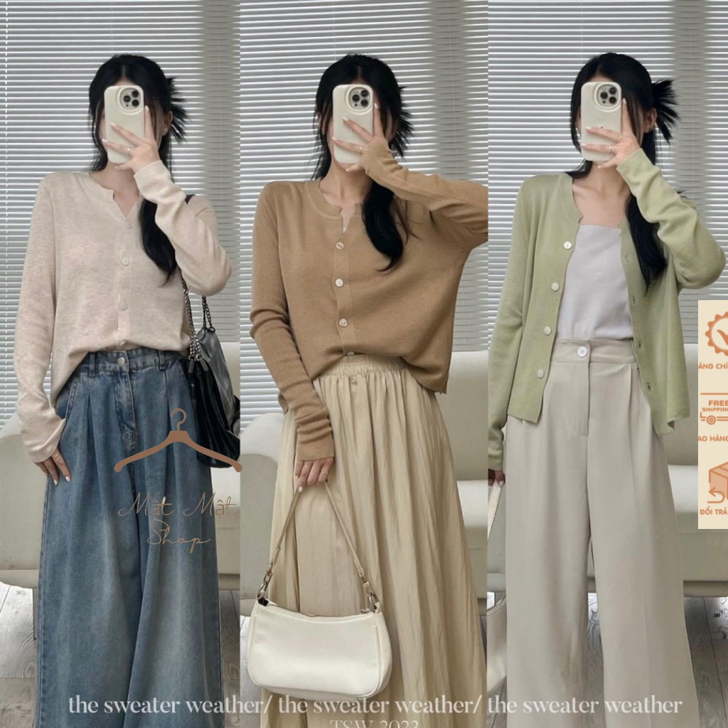 Áo Khoác Len Dệt Kim Mỏng Cổ V Tay Dài Dáng Vừa, Khoác Cardigan Basic Trơn Phong Cách Hàn Quốc Matmat