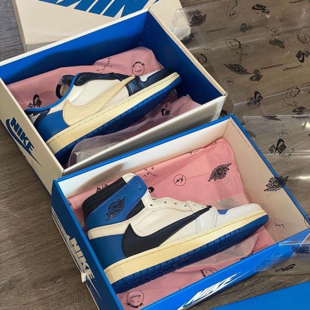 Giày Sneaker Jordan 1 Low x Travis Scott x Fragment Blue Royal Xanh Lam Box Nhựa.