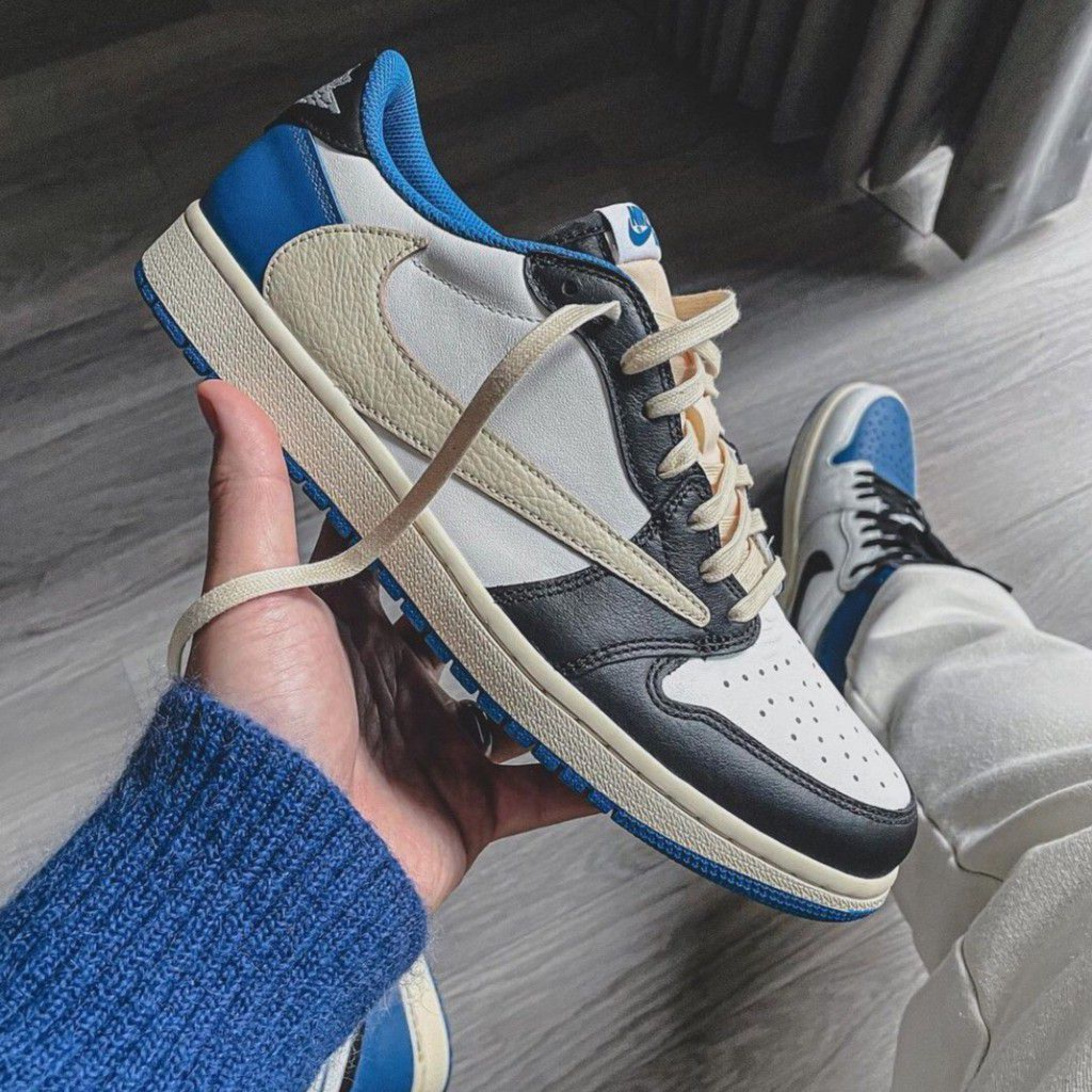 Giày Sneaker Jordan 1 Low x Travis Scott x Fragment Blue Royal Xanh Lam Box Nhựa.